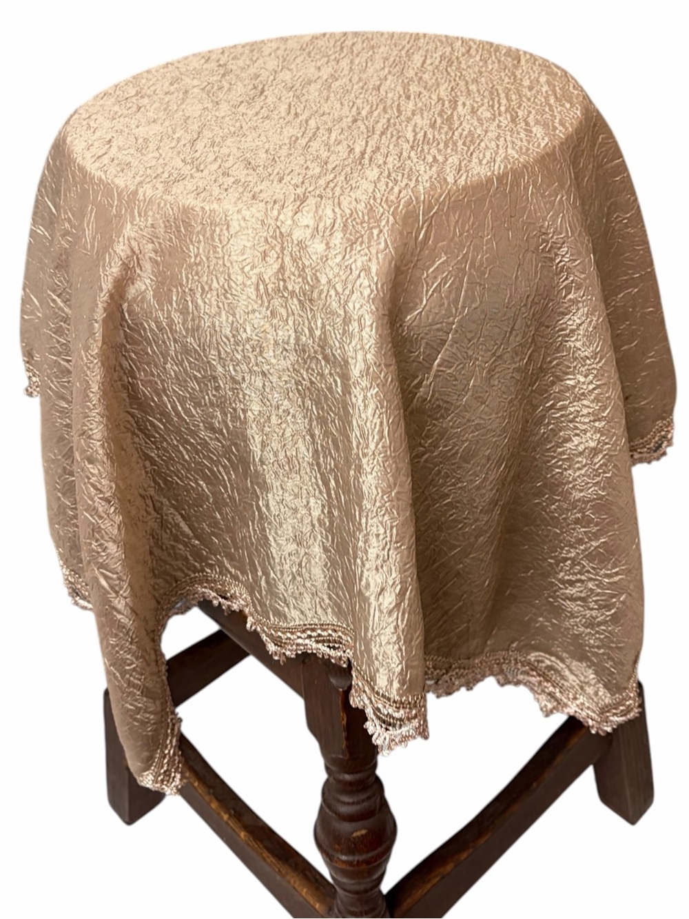 Vintage Champagne Crinkle Satin Mini Tablecloth 31β x 33β Scalloped Lace Trim